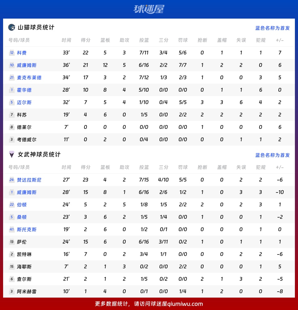 山猫vs女武神球员数据